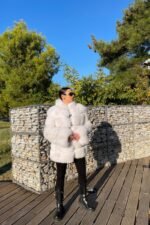 Chana | Luxury Stylish Scandinavian Xpale Blue Fox Fur Jacket With Stand Up Collar - Image 2