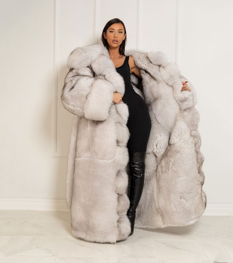 1271688d-65a7-4f59-8d36-b81c208f58f2 Dovie | Luxury Double Sided Full Length Blue Fox Fur Coat With Fur Belt – Huge Hood - Image 1