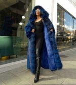 Pridget | Double Sided Scandinavian Dyed Royal Blue Silver Fox With Rex Fur Coat – Huge Hood