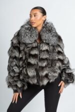 Carina | Luxury Scandinavian Silver Heavy Fox Fur Bomber Jacket With Lavish Stand Up Collar - Image 2
