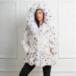 Griselda | Luxury Scandinavian White Lynx Print Fox Fur Jacket With Lavish Double Sided Hood