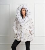 Griselda | Luxury Scandinavian White Lynx Print Fox Fur Jacket With Lavish Double Sided Hood