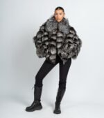 Carina | Luxury Scandinavian Silver Heavy Fox Fur Bomber Jacket With Lavish Stand Up Collar