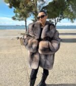 Rosemary | Luxury Crystal Fox Fur Jacket With Zipper & Huge Collar