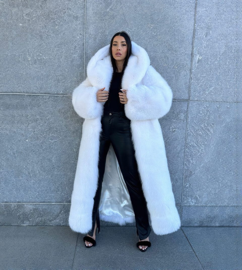 9cdbad17-0042-49b1-8d3f-06d55d3ba7ca Mariah | Luxury Scandinavian White Fox Coat Full Length With Lavish Double Sided Fur Hood - Image 1