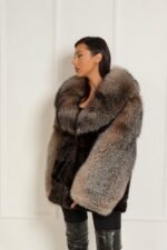 Lilijana | Luxury Scandinavian Mahogany Mink Fur Jacket With Lavish Crystal Fox Fur Collar – Sleeves - Image 2