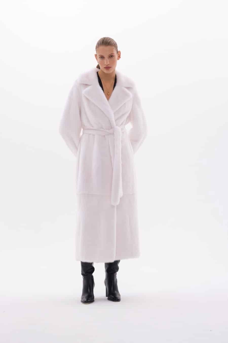 IMG_3824 Willy | Luxury Velvet American White Mink Fur Coat With Double Fur Notched Collar & Fur Belt - Image 1