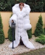 Amelia | Luxury Scandinavian White Fox Extra Long Coat With Lavish Double Sided Huge Fur Hood