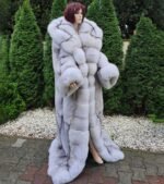 Cerese | Luxury Scandinavian Saga Blue Fox Extra Long Coat Double Sided With Internal White Rex Huge Lavish Fur Hood
