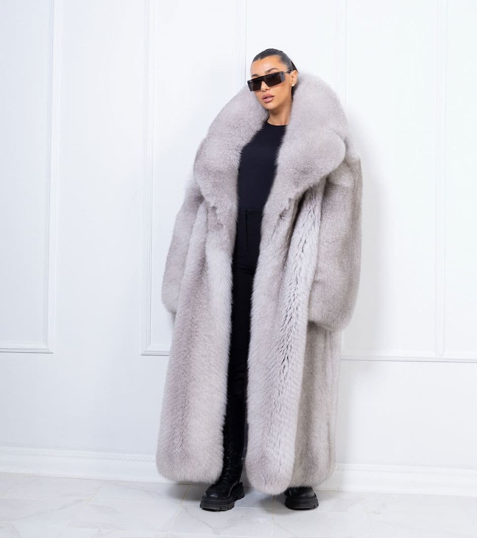 cfa26e6b-bb54-4d24-bd7a-8b4da0ae98fd Kirrily | Luxury Rare Scandinavian Sapphire Blue Fox Full Length Fur Coat With Extra Lavish Huge Collar - Image 1