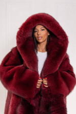 Eulalie | Luxury Scandinavian Oversized Cherry Red Fox Fur Coat Full Length With Detachable Tails