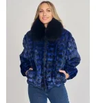 Mosaic Pieced Mink Bomber Jacket in Electric Blue