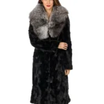 Shadow Black Etched Mink Fur Coat with Silver Fox Shawl Collar