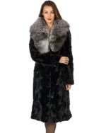 Shadow Black Etched Mink Fur Coat with Silver Fox Shawl Collar