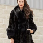 Black Sectioned Mink Jacket with Fox Collar & Trim