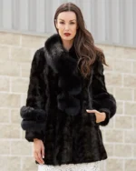 Black Sectioned Mink Jacket with Fox Collar & Trim