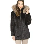 Long Hair Mink Zip Jacket with Crystal Fox Trim Hood