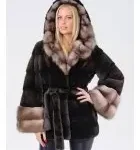 Brown Mink Fur Coat with Natural Marten Hood and Cuffs
