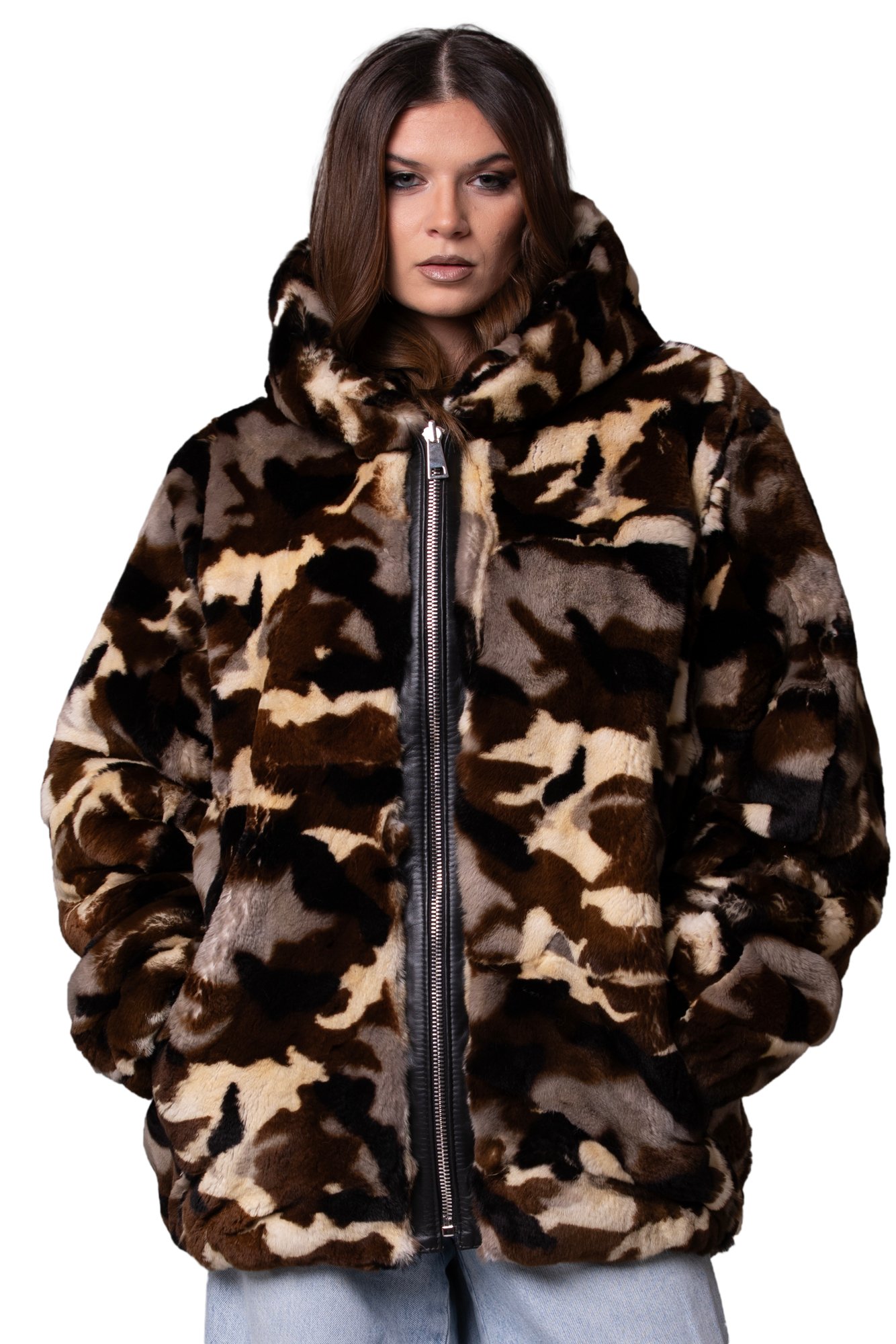 Camo_Rex_Fur_Hooded_Bomber_Jacket_Unisex_3__27702 Unisex Camo Rex Fur Hooded Bomber Jacket Sizes L-XL - Image 1