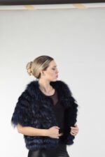 Blue Black Raccoon Fur Jacket Cropped Sleeves - Image 5
