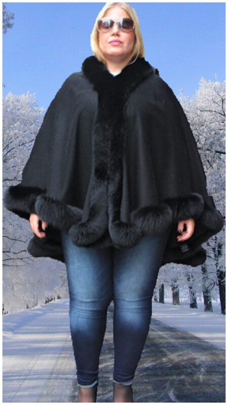 Black Cashmere Cape With Fox Trim 5500