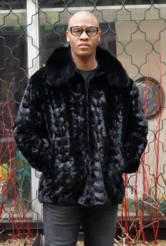 Black Diamond Cut Mink Jacket Fox Collar 48477