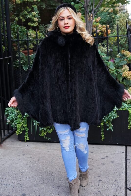 Black Knit Mink Poncho Fox Trim 7436