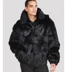 Black Rabbit Fur Hooded Bomber Jacket for Men