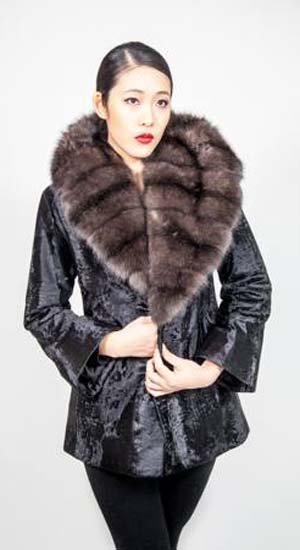 Black Russian Broadtail Fur Jacket with Wide Russian Sable Collar 6777
