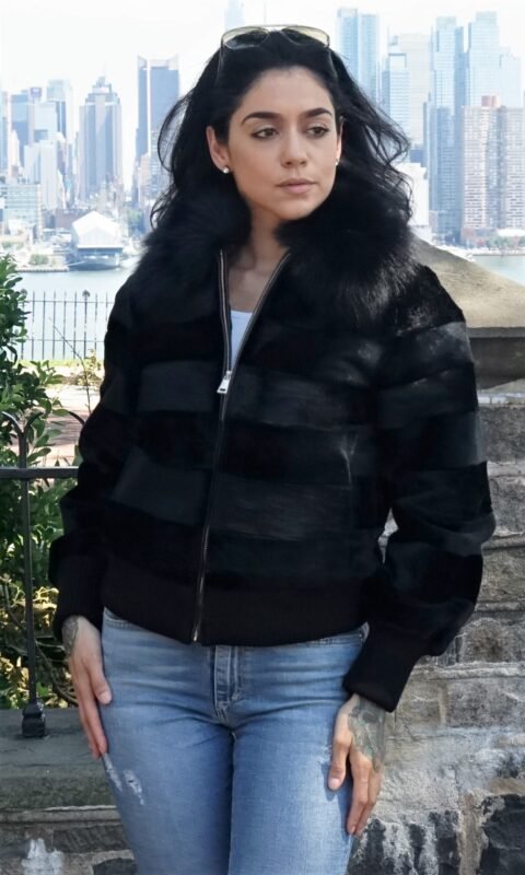 Black Sheared Rex Bomber Jacket Black Fox Collar Knit Trim 3837