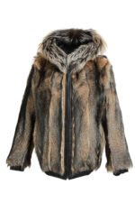 Black Reversible Hooded Leather Fox Fur Bomber Jacket - Image 2