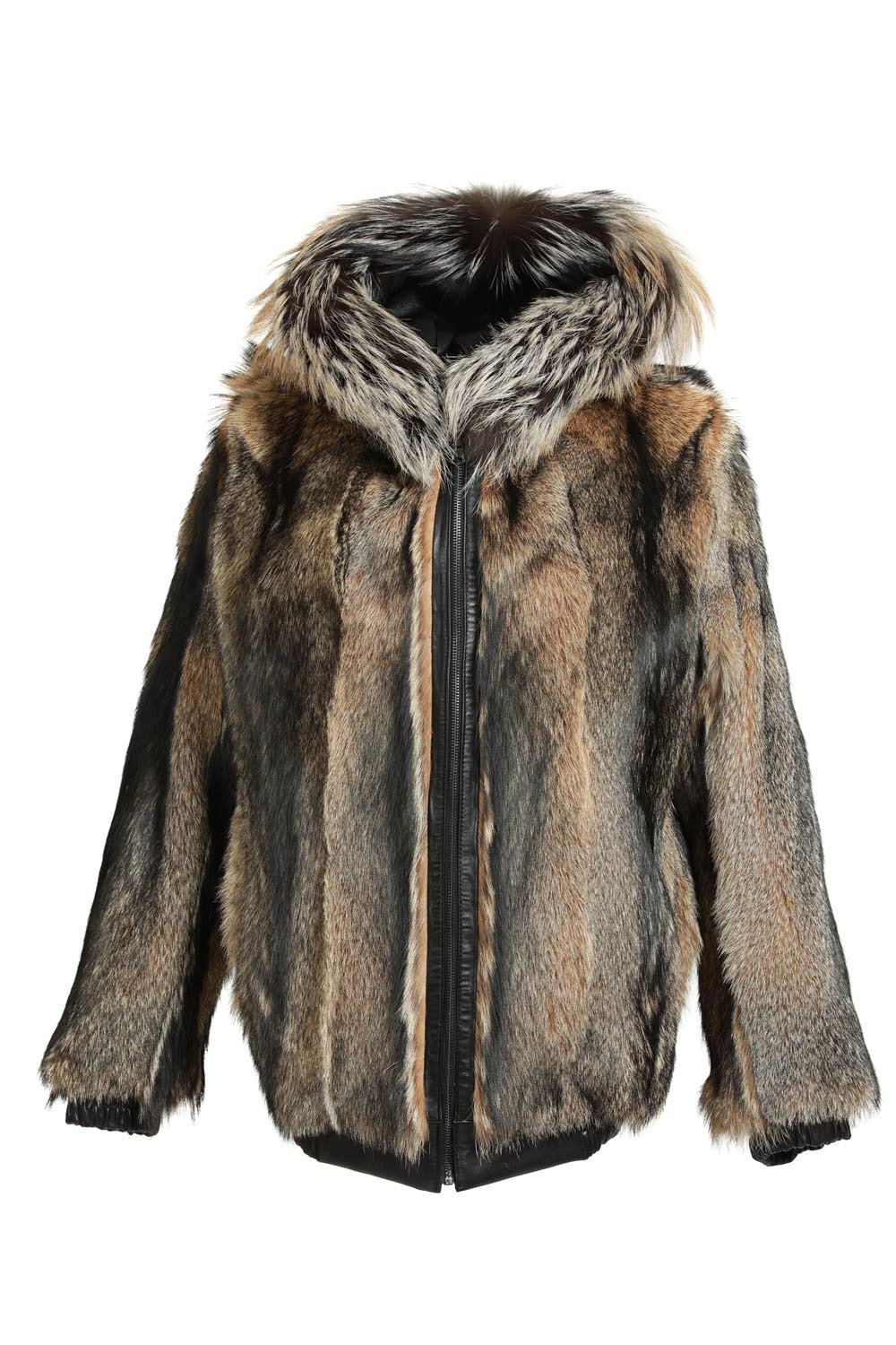 Black Reversible Hooded Leather Fox Fur Bomber Jacket - Image 2
