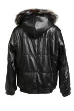 Black Reversible Hooded Leather Fox Fur Bomber Jacket - Image 3