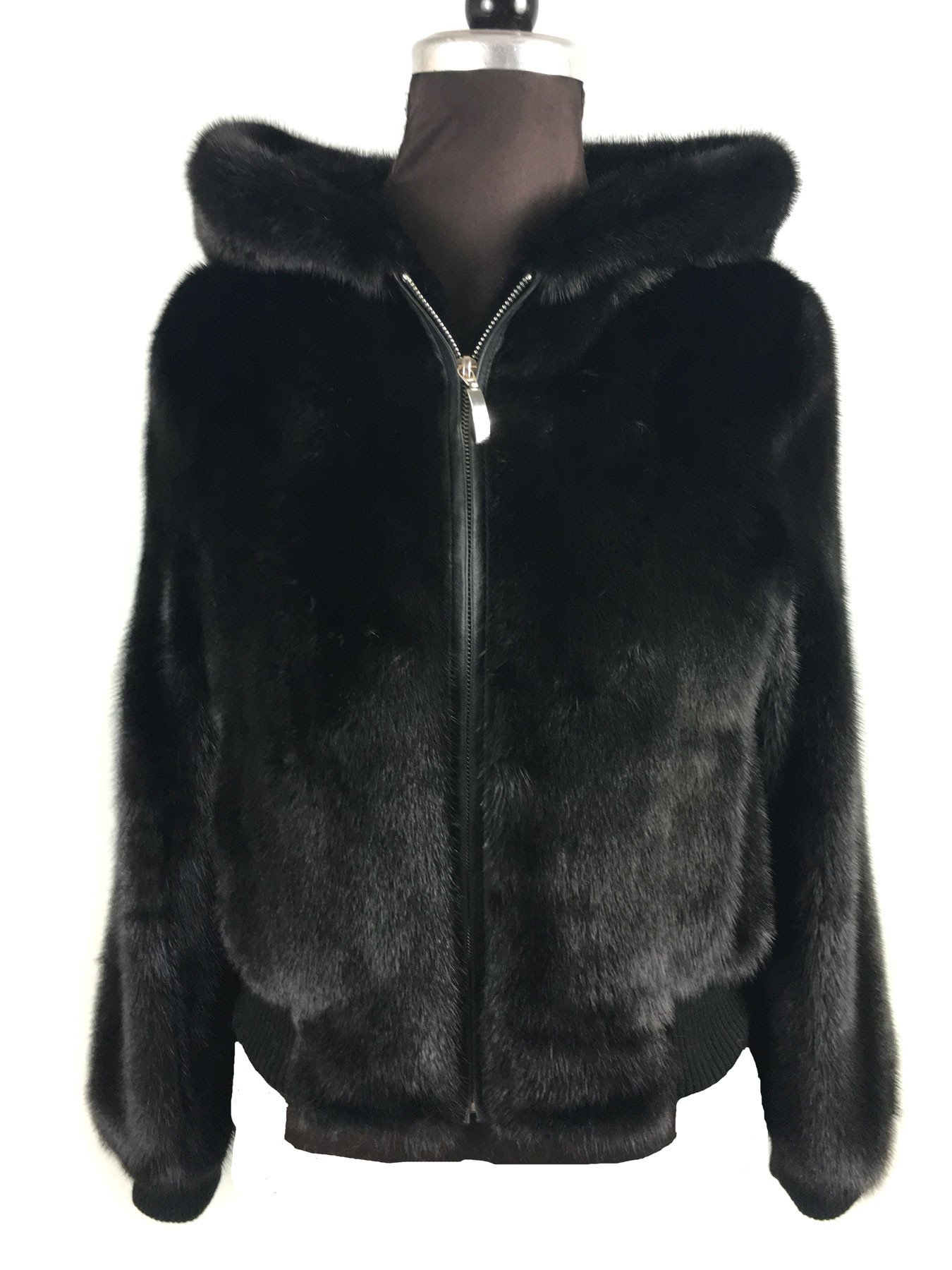 black_mens_mink_fur_bomber_jacket_hooded__35629 Men's Black Mink Fur Bomber Jacket Hooded - Image 1