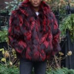 Burgundy Black Men's Fox Fur Jacket Hooded 3837