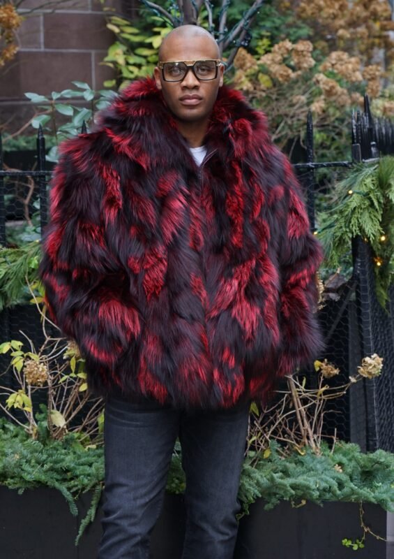 Burgundy Black Men's Fox Fur Jacket Hooded 3837