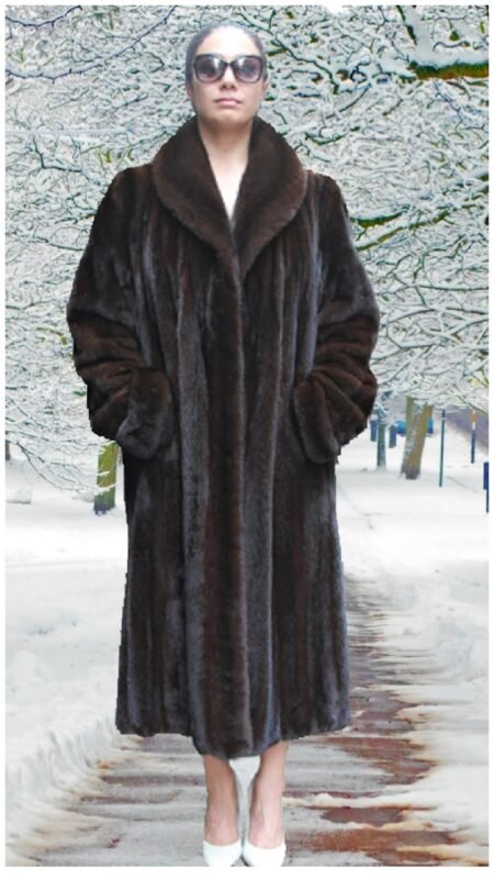 Classic Full Length Mahogany Mink Fur Coat Shawl Collar Turn Back Cuffs #317