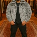 Classic Gray Persian Men's Fur Bomber Jacket Chinchilla Fur Collar 8115