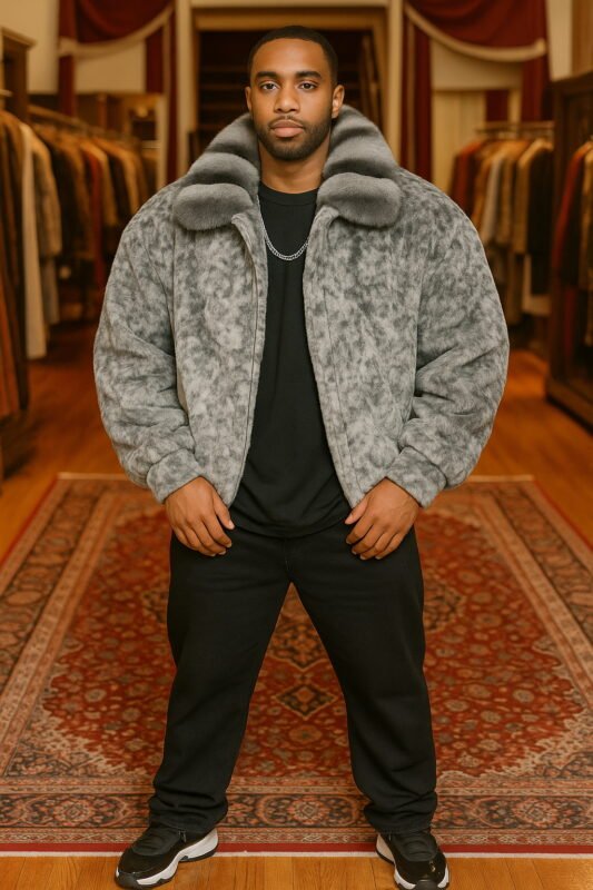Classic Gray Persian Men's Fur Bomber Jacket Chinchilla Fur Collar 8115