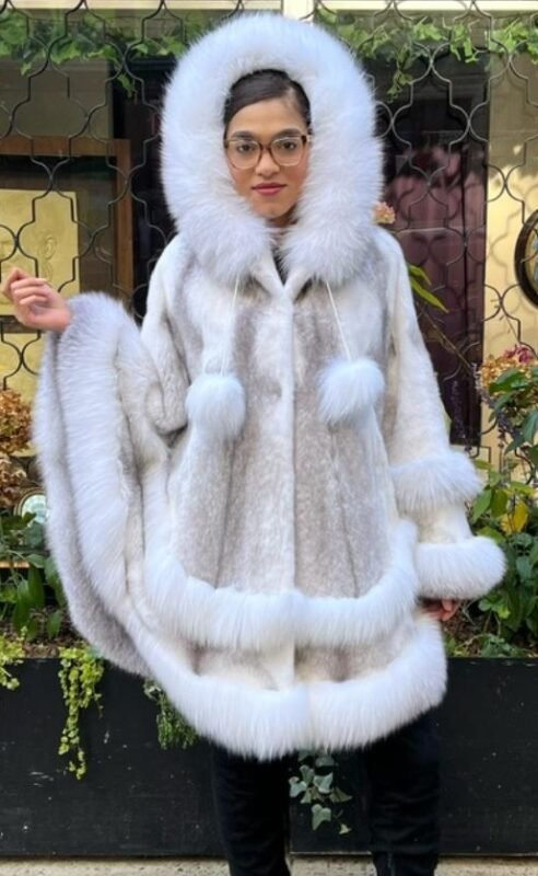 Cross Mink Poncho White Fox Trim 77444