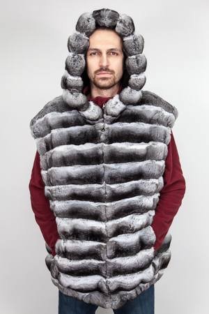 Designer Hooded Men's Chinchilla Fur Vest Horizontal 1115