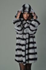 Chinchilla Rex Fur Coat Hooded Mid Hip Length