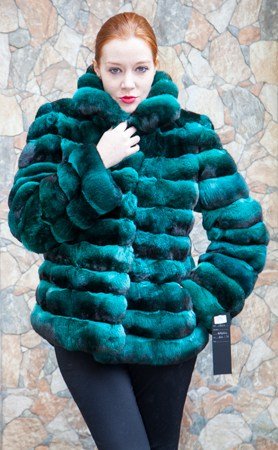 Emerald Green Chinchilla Horizontal Fur Jacket 82218