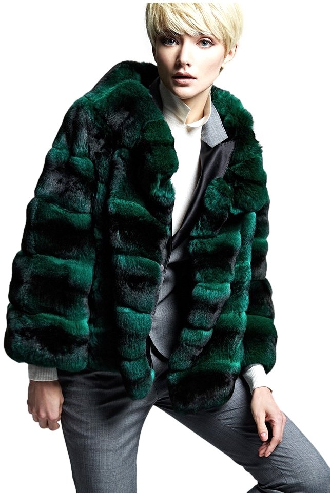 emerald_green_chinchilla_fur_jacket_on_blonde_model___75430 Emerald Green Chinchilla Fur Jacket - Image 1