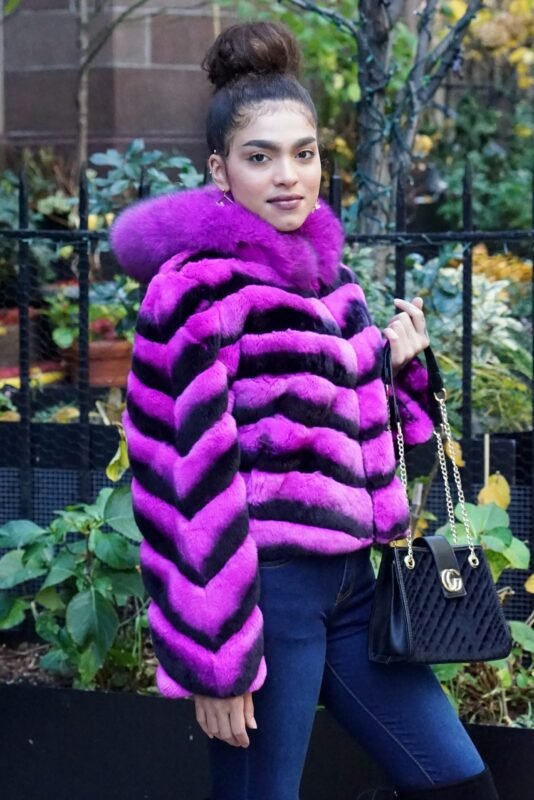 Fuchsia Rex Rabbit Hooded Jacket Fox Trim J3433