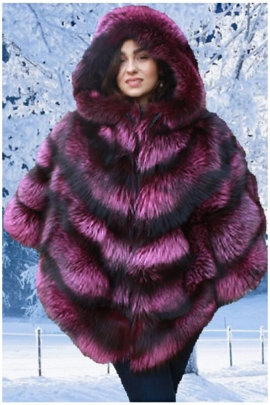 Fuschia Silver Fox Fur Cape With Hood 12112