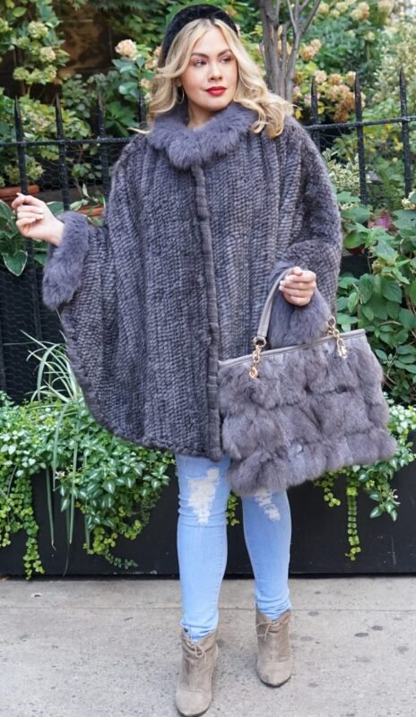Gray Mink Fur Poncho Fox Fur Collar Cuffs 1212