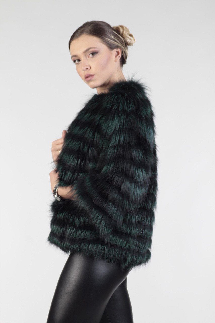 Green Raccoon Fur Jacket Cropped - Image 4