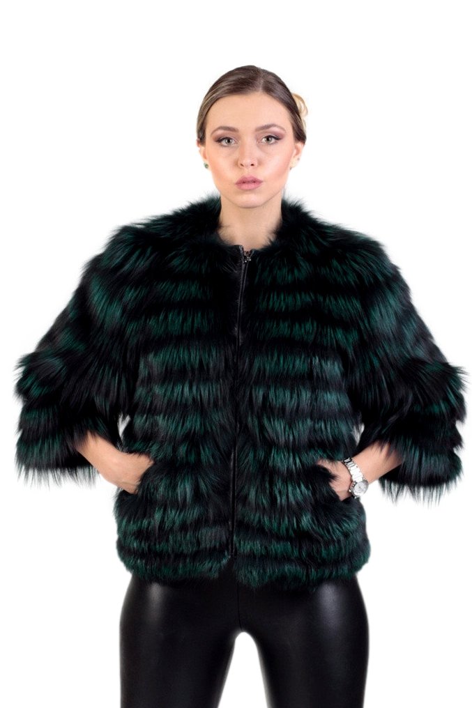 Green Raccoon Fur Jacket Cropped - Image 1