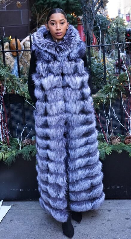 Hooded Horizontal Silver Fox Long Vest 99558
